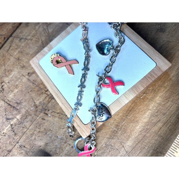 Breast Cancer Awareness Pink Ribbon Jewelry Set W/ Bracelet & Pin Silver & Pink - Picture 3 of 10